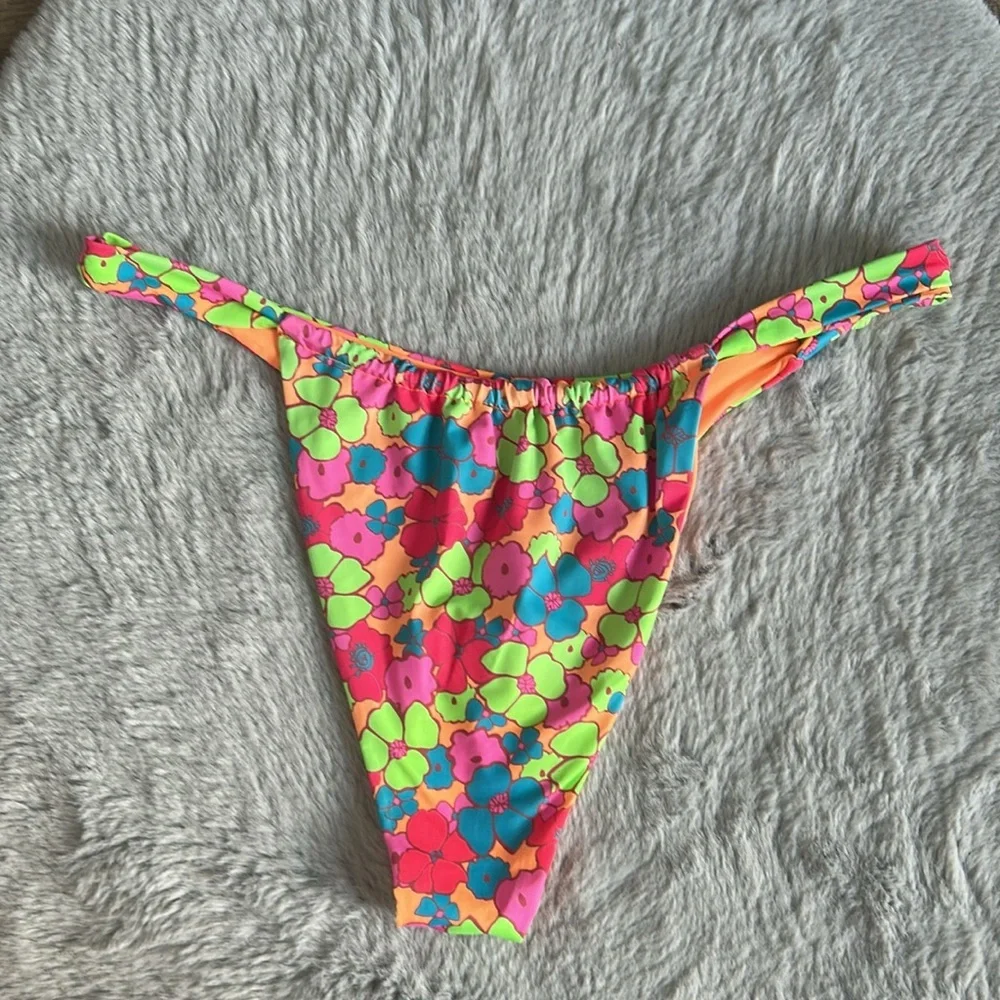 Frankie's Bikinis Neon Floral String Bikini Bottoms - Multicolor